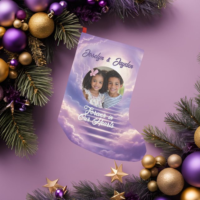 Calcetín Navideño Pequeño Memorial de la foto en el cielo (Beautiful purple memorial holiday stocking)