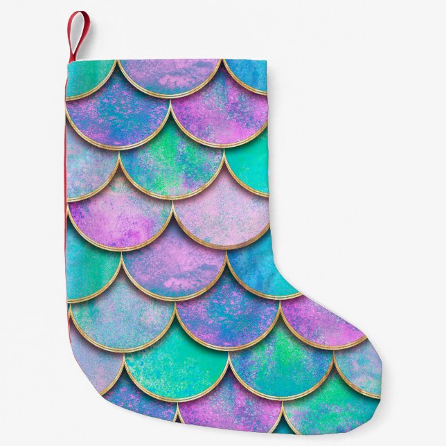 Calcetín Navideño Pequeño Mermaid fish scale wave japanese seamless pattern. (Anverso)