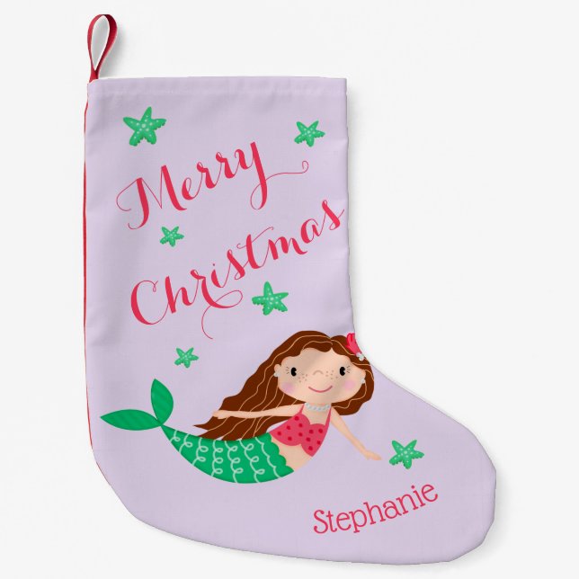 Calcetín Navideño Pequeño Mermaid Merry Christmas Personalizado Purple (Anverso)