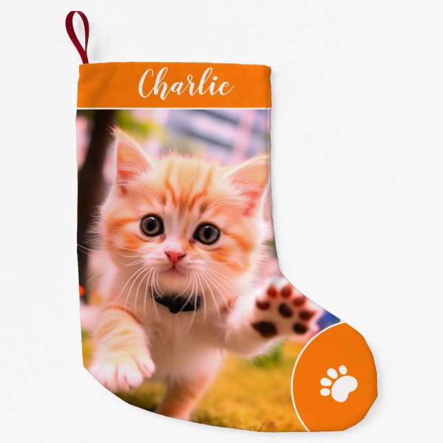 Calcetín Navideño Pequeño Merry Christmas Cute Custom Pet Name, Photo Orange (Anverso)