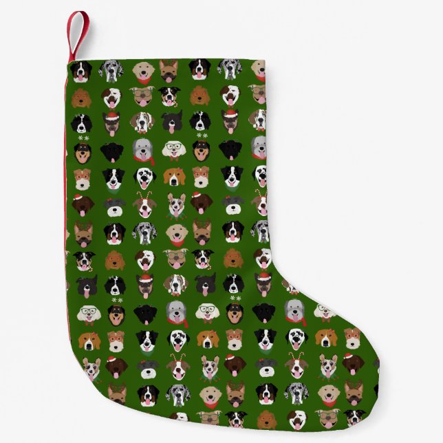 Calcetín Navideño Pequeño Merry Christmas Dog Face Pattern (Anverso)