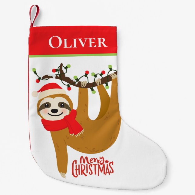 Calcetín Navideño Pequeño Merry Christmas Sloth | Vacaciones personalizadas (Anverso)
