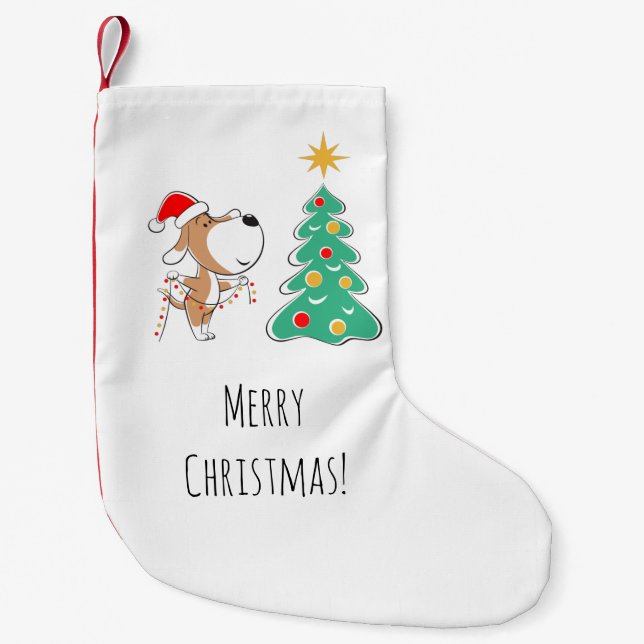 Calcetín Navideño Pequeño Merry Christmas Tree Cupy Perro Santa Hat (Anverso)