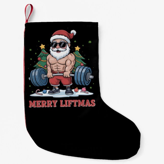 Calcetín Navideño Pequeño Merry Liftmas Halterofilia Santa Fitness Gym (Anverso)