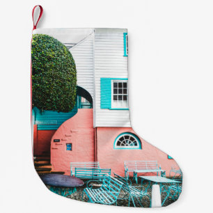 Calcetín Navideño Pequeño MESA verde azulada Y GRIS Y BENCH JUNTO A BLANCO Y