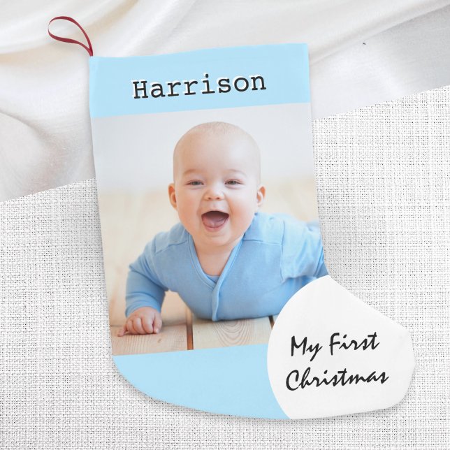 Calcetín Navideño Pequeño Mi primer bebé de Navidad Foto personalizada Nombr (A light blue 'My First Christmas' stocking to personalize with your baby's  photo and name)