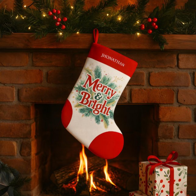 Calcetín Navideño Pequeño Mínimo Limpiar Navidad Simple Blanco Rojo (christmas festive holiday stockings with custom personalized name custom made bright red berries )