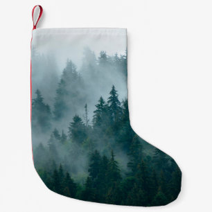 Calcetín Navideño Pequeño Misty landscape with fir forest in hipster vintage