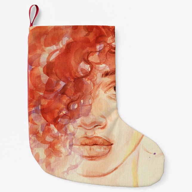 Calcetín Navideño Pequeño Moda afroamericana, ilustracion acuarela. (Anverso)