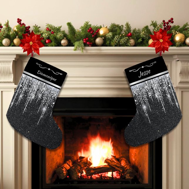 Calcetín Navideño Pequeño Modern Black and Silver Elegant Script Name (Modern black personalized Christmas stockings with silver icicles that are two-sided)