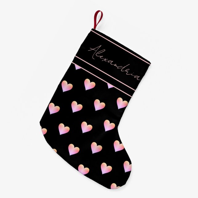 Calcetín Navideño Pequeño Modern Heart Black Pink Personalized (Frente (Colgado))