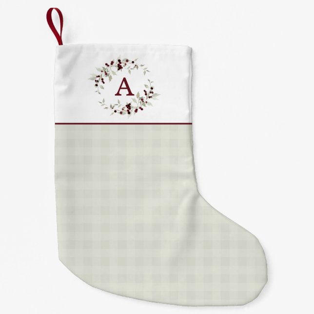Calcetín Navideño Pequeño Modern Minimalist Plaid Holly Wreath Monogram (Anverso)