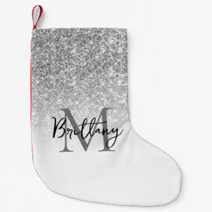 Calcetín Navideño Pequeño Monograma Blanco con Brillo Plateado Ombre