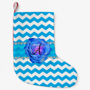Calcetín Navideño Pequeño Monograma cielo azul rosa azul de chevrras blancas