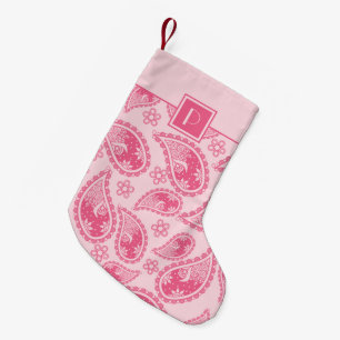 Calcetín Navideño Pequeño Monograma con patrón de paisley rosa vintage