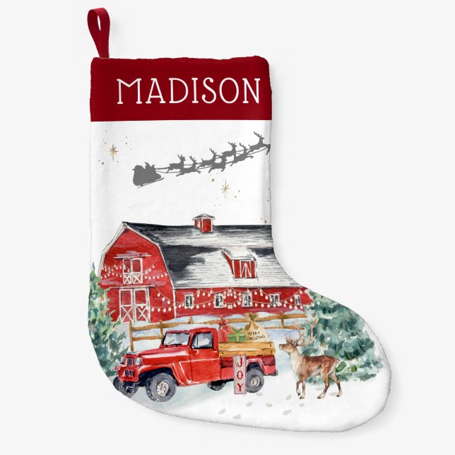 Calcetín Navideño Pequeño Monograma de camionetas de granjas rojas rusticas  (Anverso)
