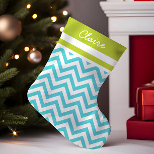 Calcetín Navideño Pequeño Monograma de Chevron Turquesa y Verde