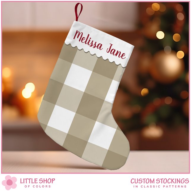 Calcetín Navideño Pequeño Monograma de comprobación de búfalo beige (Subido por el creador)