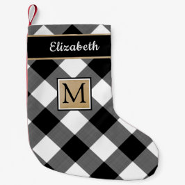 Calcetín Navideño Pequeño Monograma de comprobación de búfalo blanco y negro