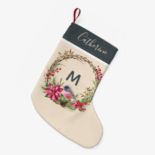Calcetín Navideño Pequeño Monograma de curas rusas Poinsetta Bird