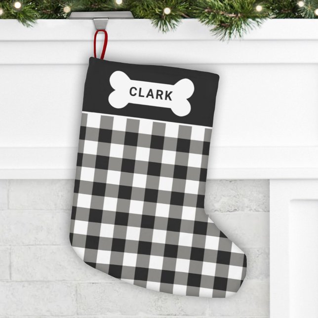 Calcetín Navideño Pequeño Monograma de huesos de perro negro y blanco (Subido por el creador)