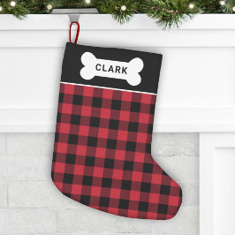 Calcetín Navideño Pequeño Monograma de huesos de perro rojo y negro revestid