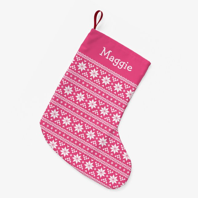 Calcetín Navideño Pequeño Monograma de Isla Blanca y Rosa Caliente (Frente (Colgado))