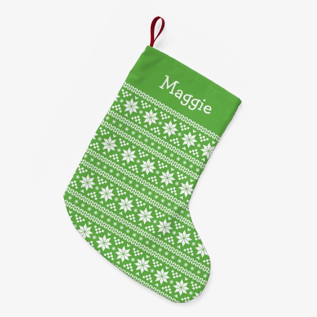 Calcetín Navideño Pequeño Monograma de Isla Verde y Blanca (Frente (Colgado))