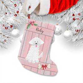 Calcetín Navideño Pequeño Monograma de la cerca de madera rosa maltesa Chica