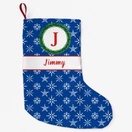 Calcetín Navideño Pequeño Monograma de la línea azul y blanco Copos de nieve
