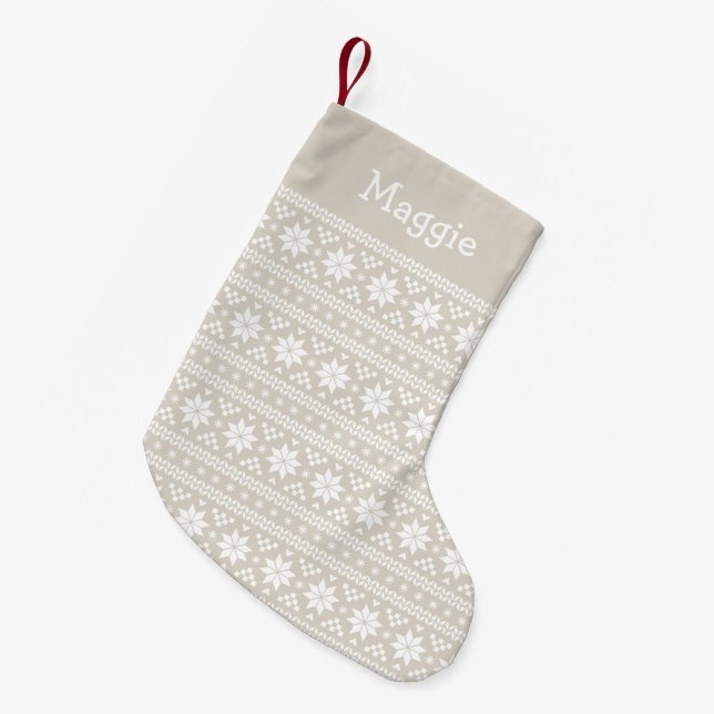 Calcetín Navideño Pequeño Monograma de Linen Beige y Isla Blanca (Frente (Colgado))
