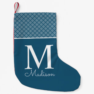 Calcetín Navideño Pequeño monograma de nombre con patrón de cuadros azul mod