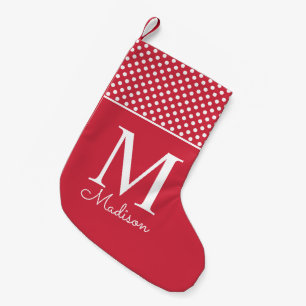 Calcetín Navideño Pequeño Monograma de nombre con patrón de lunares rojos mo