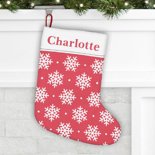Calcetín Navideño Pequeño Monograma de nombre de copo de nieve rojo y blanco