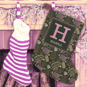 Calcetín Navideño Pequeño Monograma de patrón artístico de una línea rosa