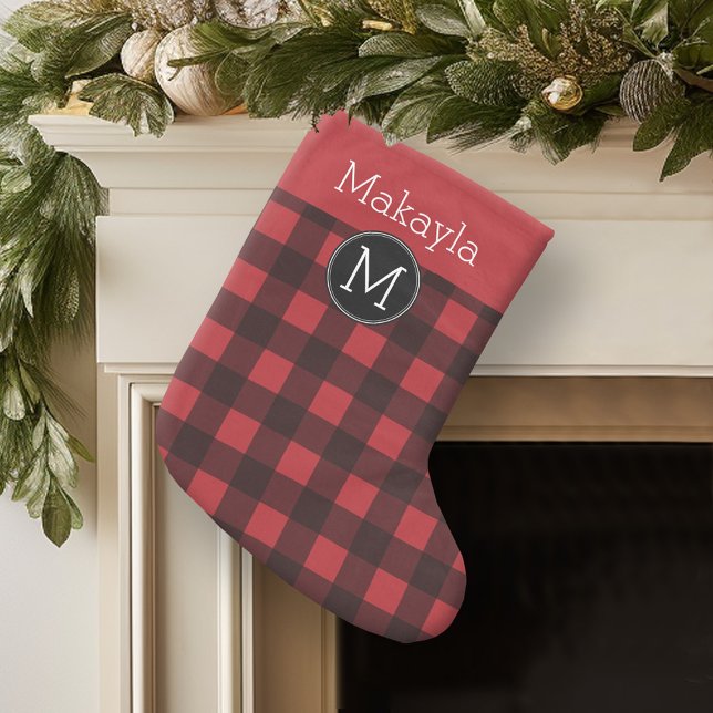 Calcetín Navideño Pequeño Monograma de patrón de patrón de búfalo negro rojo (Personalized Christmas Stocking - buffalo plaid)