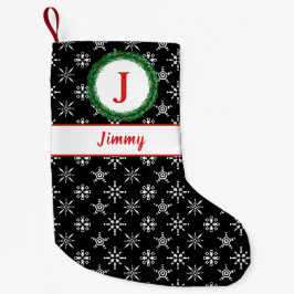 Calcetín Navideño Pequeño Monograma de Wreath su nombre Copos de nieve blanc