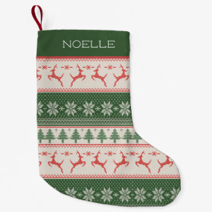 Calcetín Navideño Pequeño Monograma del patrón nórdico verde y rojo