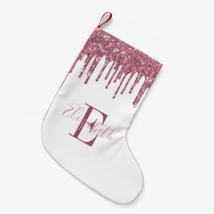 Calcetín Navideño Pequeño Monograma Elegante Rosa con Falsos Brillos que Got