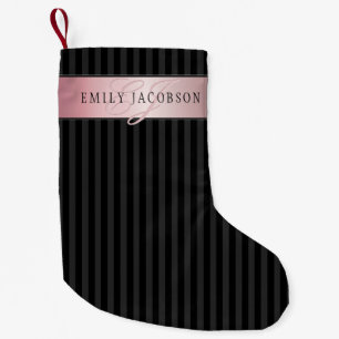 Calcetín Navideño Pequeño Monograma Falso Oro Rosa   Rayas Negras y Grises