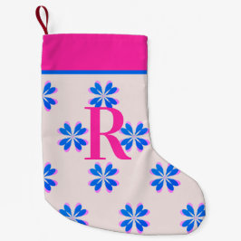 Calcetín Navideño Pequeño Monograma Flores Retro Azul Rosa Caliente Navidade