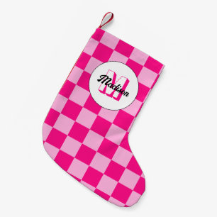 Calcetín Navideño Pequeño Monograma geométrico rosa caliente a cuadros retro