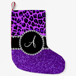 Calcetín Navideño Pequeño Monograma índigo purpurina púrpura neón leopard