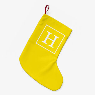 Calcetín Navideño Pequeño Monograma inicial amarillo con marco blanco