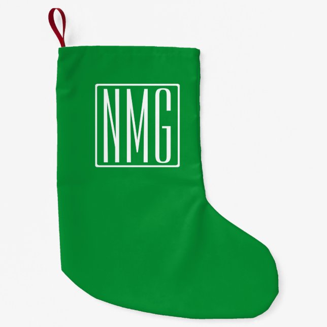 Calcetín Navideño Pequeño Monograma inicial | Verde y blanco (Anverso)