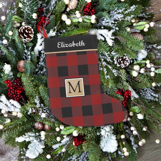 Calcetín Navideño Pequeño Monograma marrón rojizo negro de verificación de b (Subido por el creador)