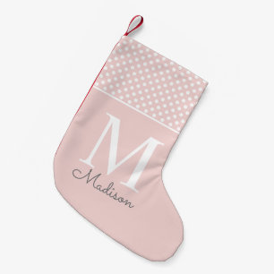 Calcetín Navideño Pequeño Monograma moderno con patrón de lunares en rosa ru