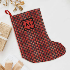 Calcetín Navideño Pequeño Monograma negro Tartán rojo escocés Gingham Patter