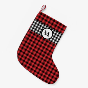 Calcetín Navideño Pequeño Monograma negro y rojo de búfalo rubio