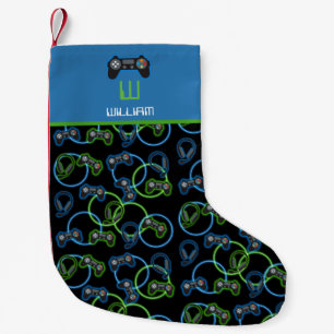 Calcetín Navideño Pequeño Monograma Neon Blue & Green Pattern